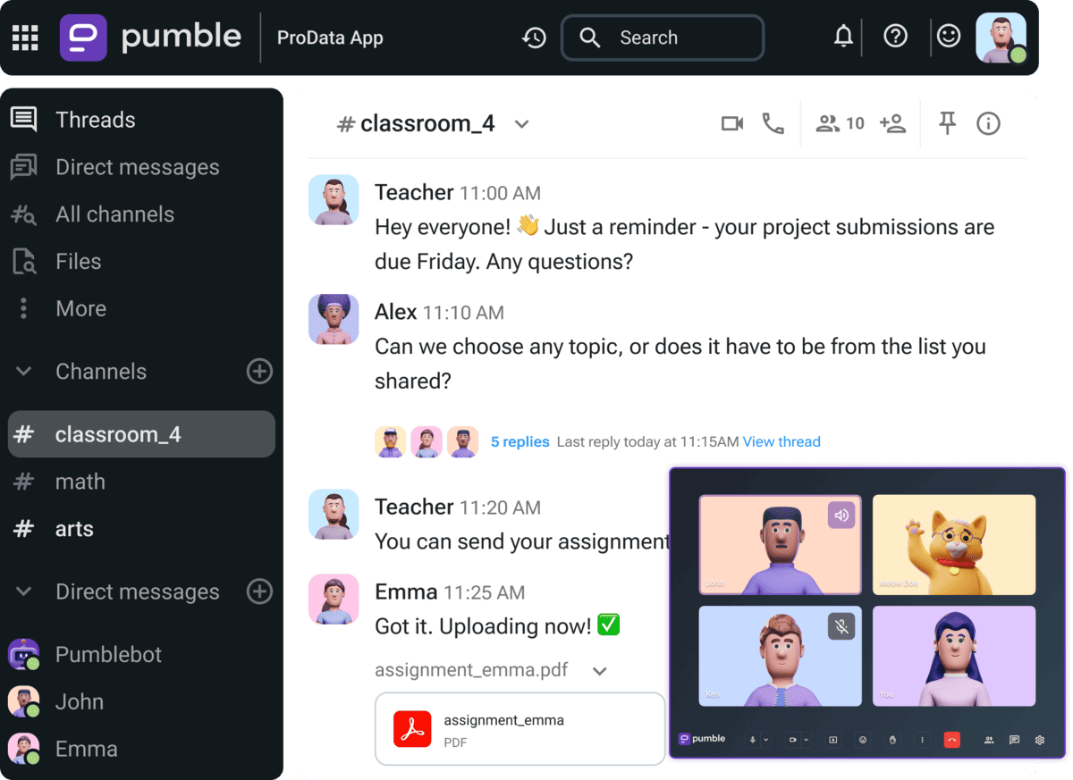 Send direct messages, share files, and post reminders via Pumble