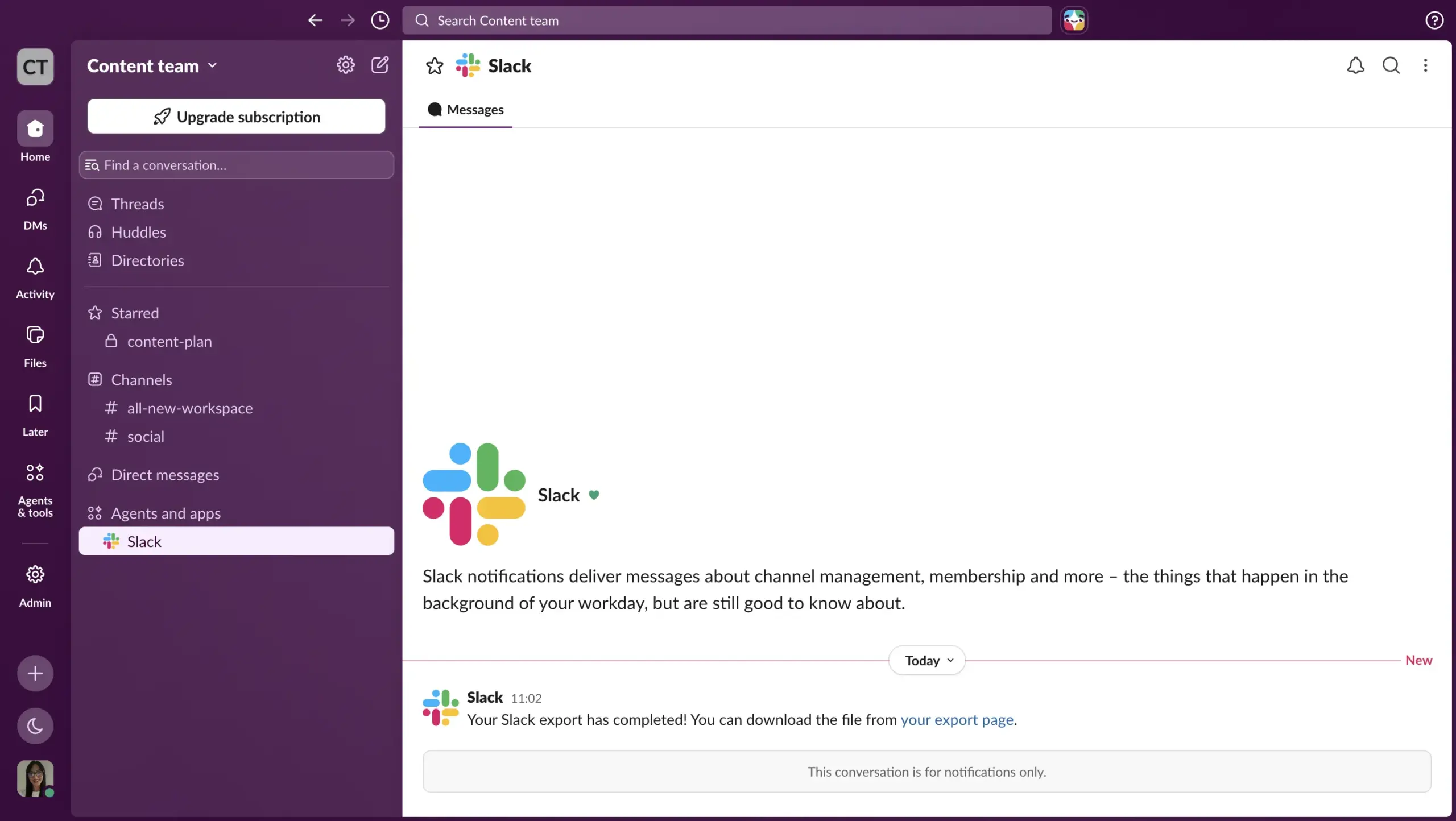 Slackbot DM about Slack export