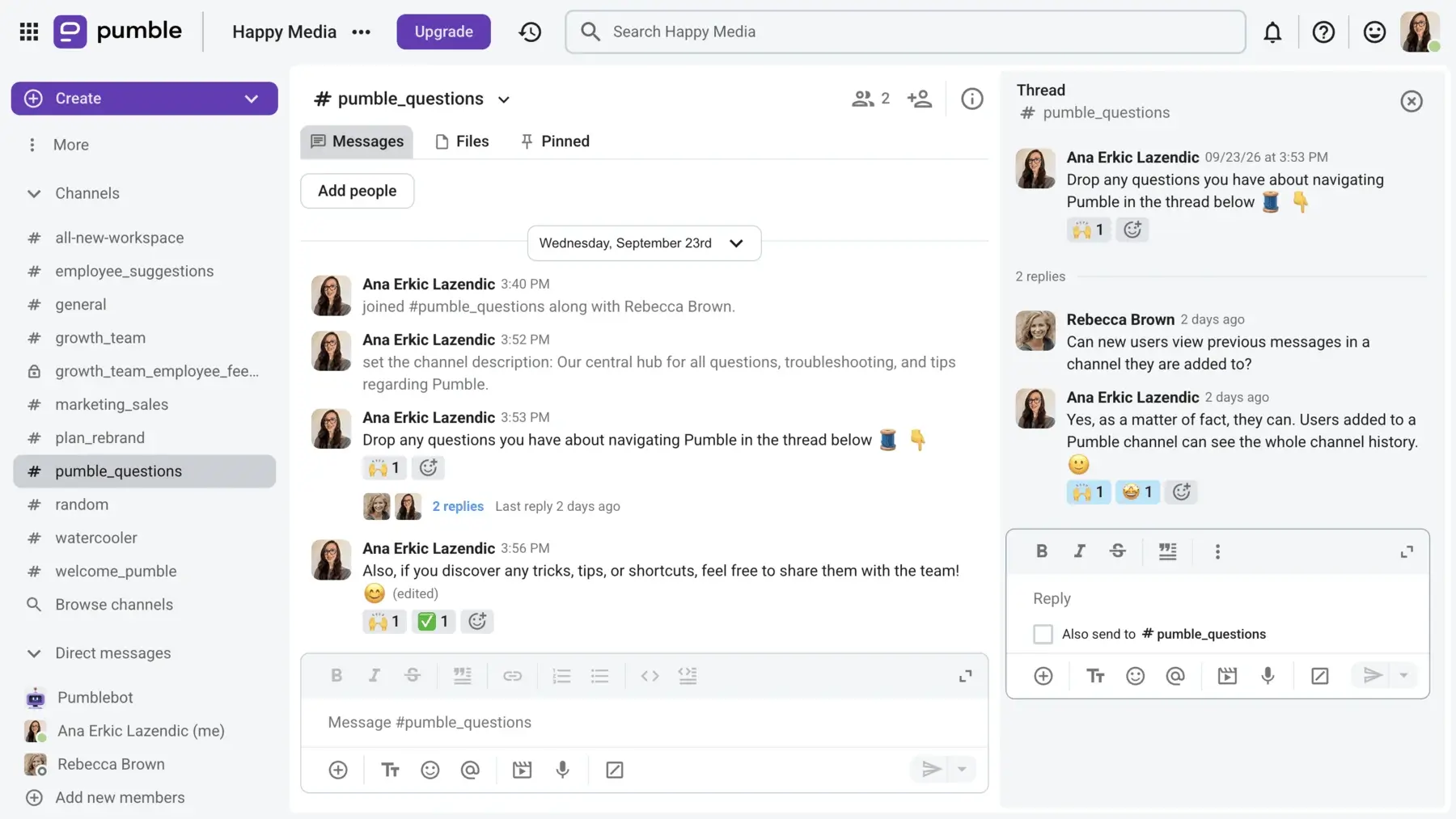 Using threads in Pumble to address questions