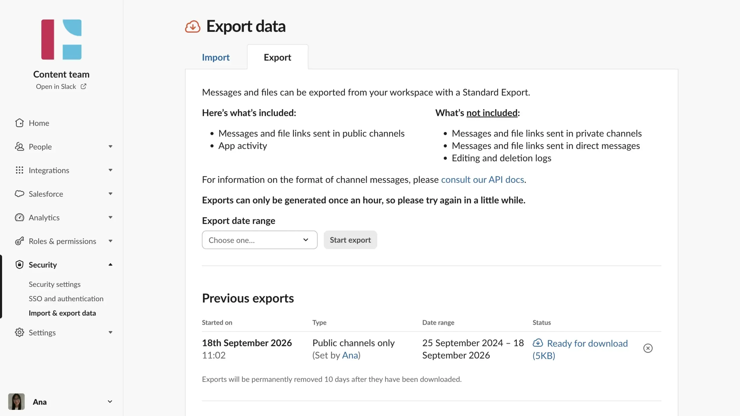Export data ready for download from Slack