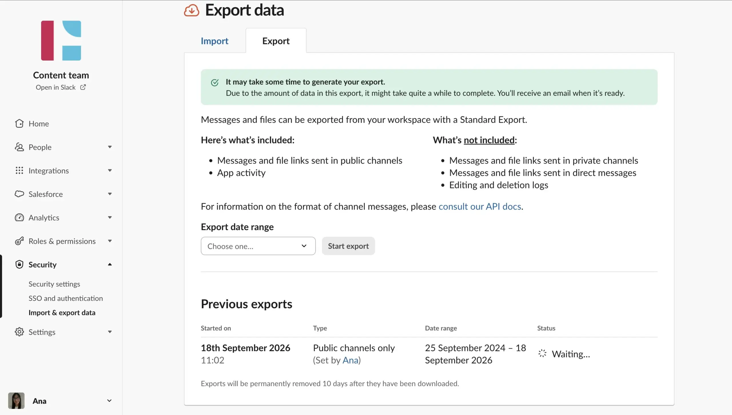 Export from Slack loading