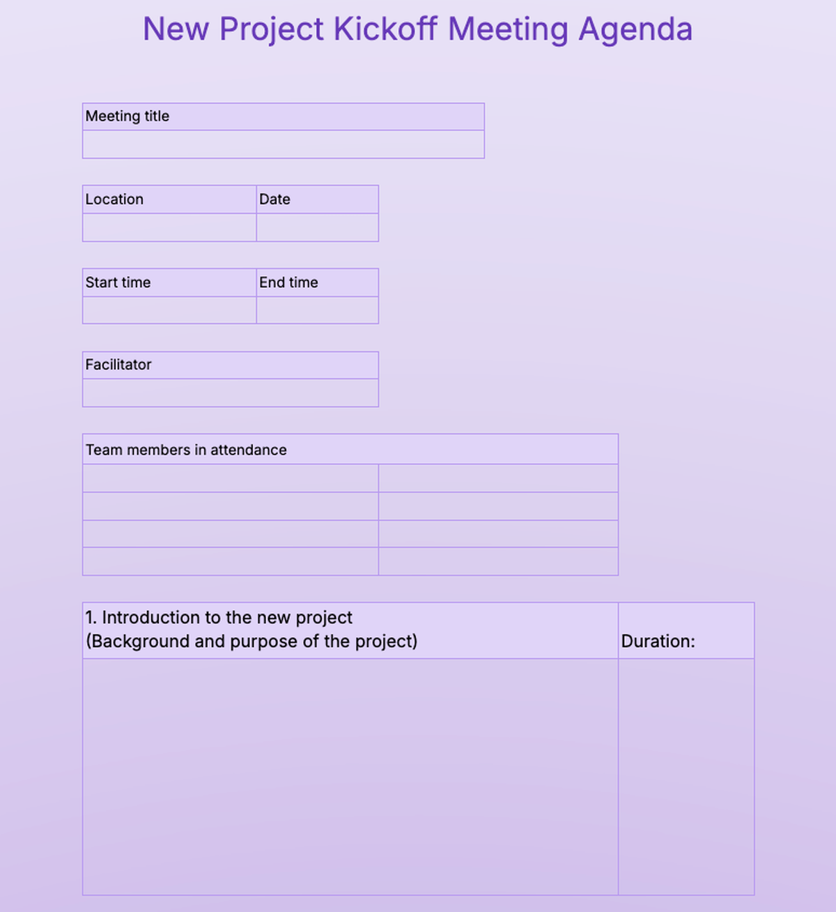 New project kickoff meeting agenda template 