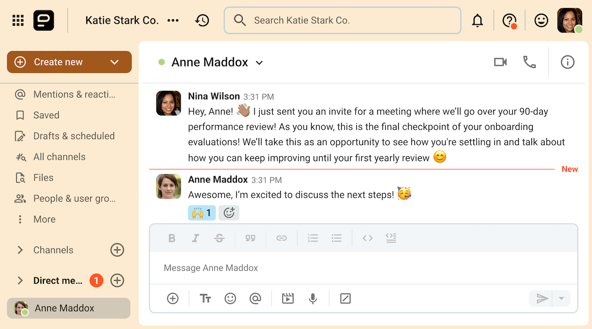 A manager invites a new hire to her 90-day performance review meeting on Pumble, the team communication app