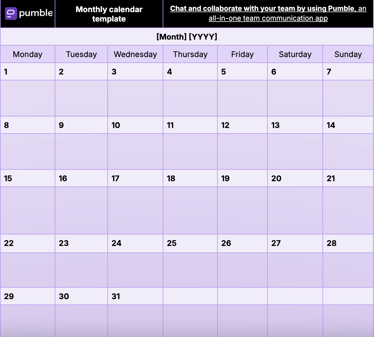 Monthly planner template in Google Docs
