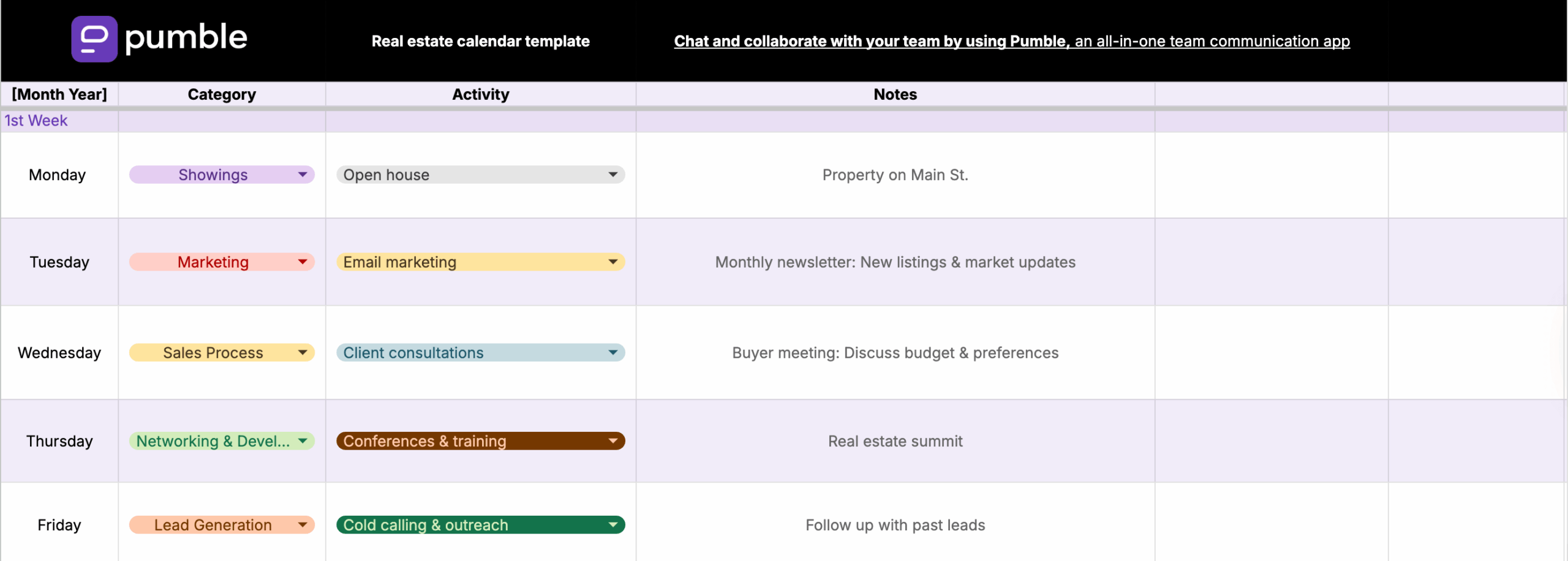 Real estate calendar template in Google Sheets