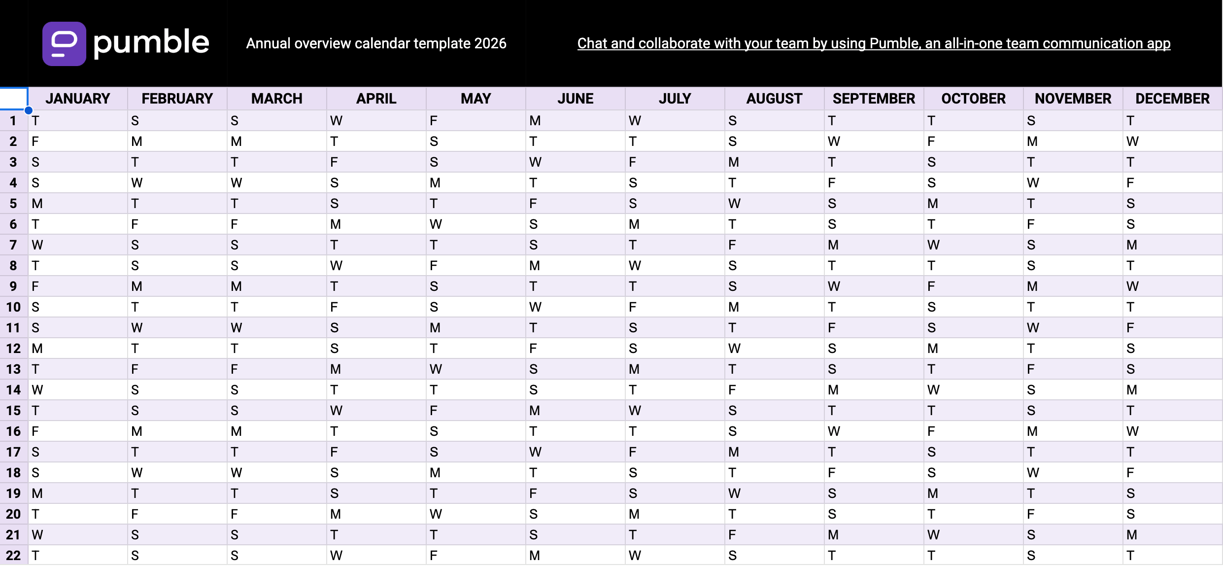 Annual overview calendar template in Google Sheets
