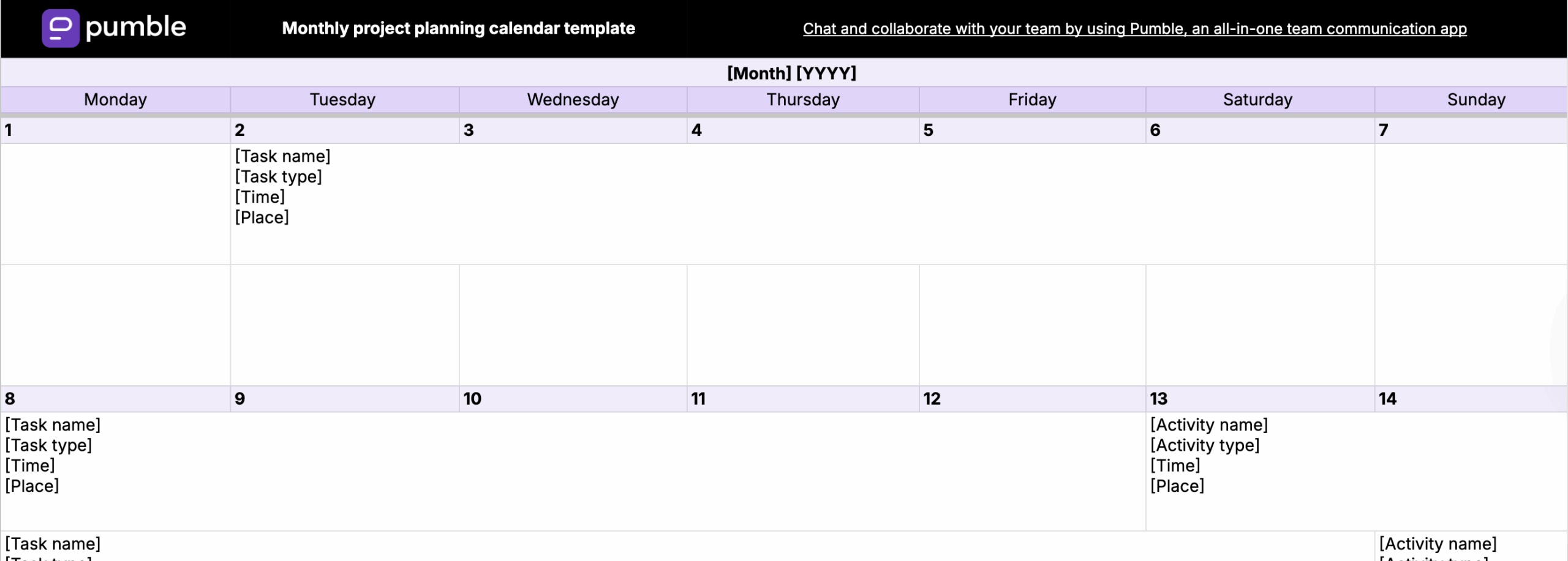 Monthly project planning calendar template in Google Sheets