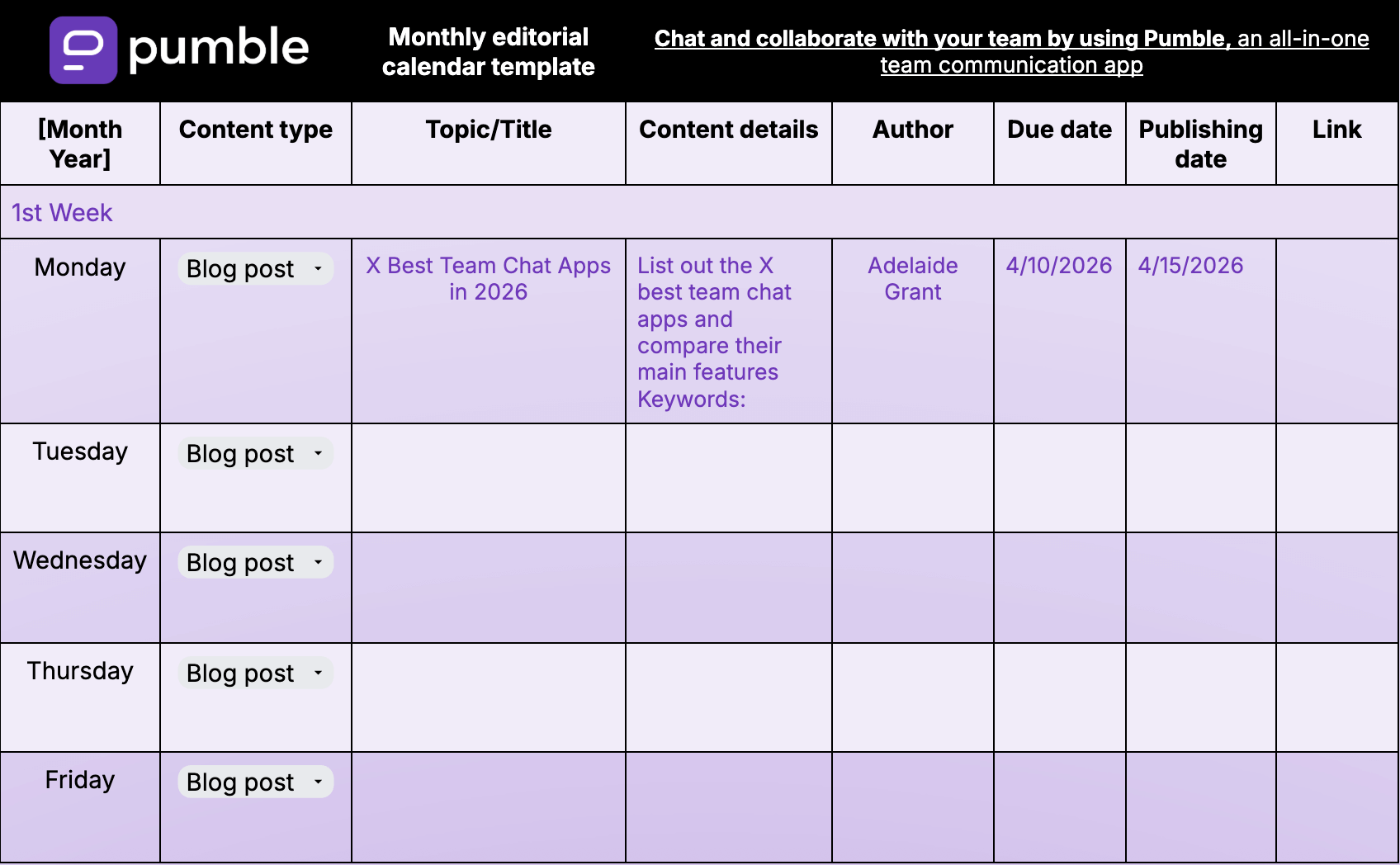 Monthly editorial calendar template in Google Docs