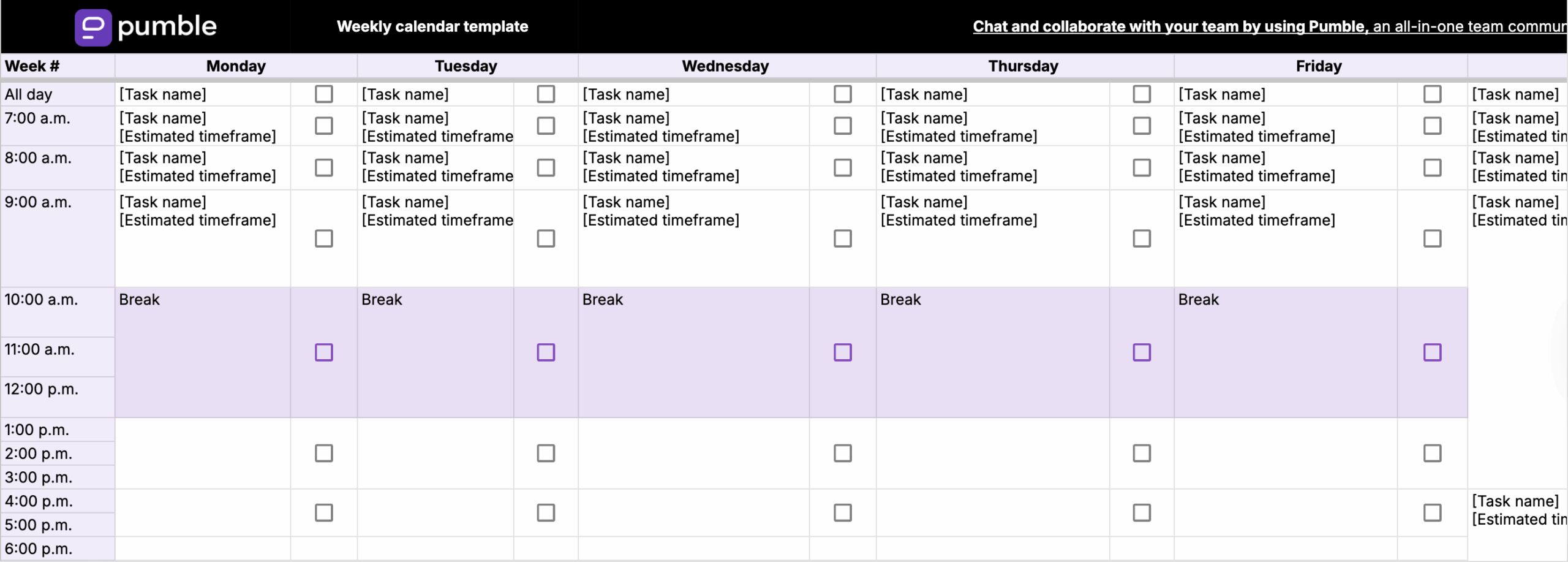 Weekly calendar template in Google Sheets