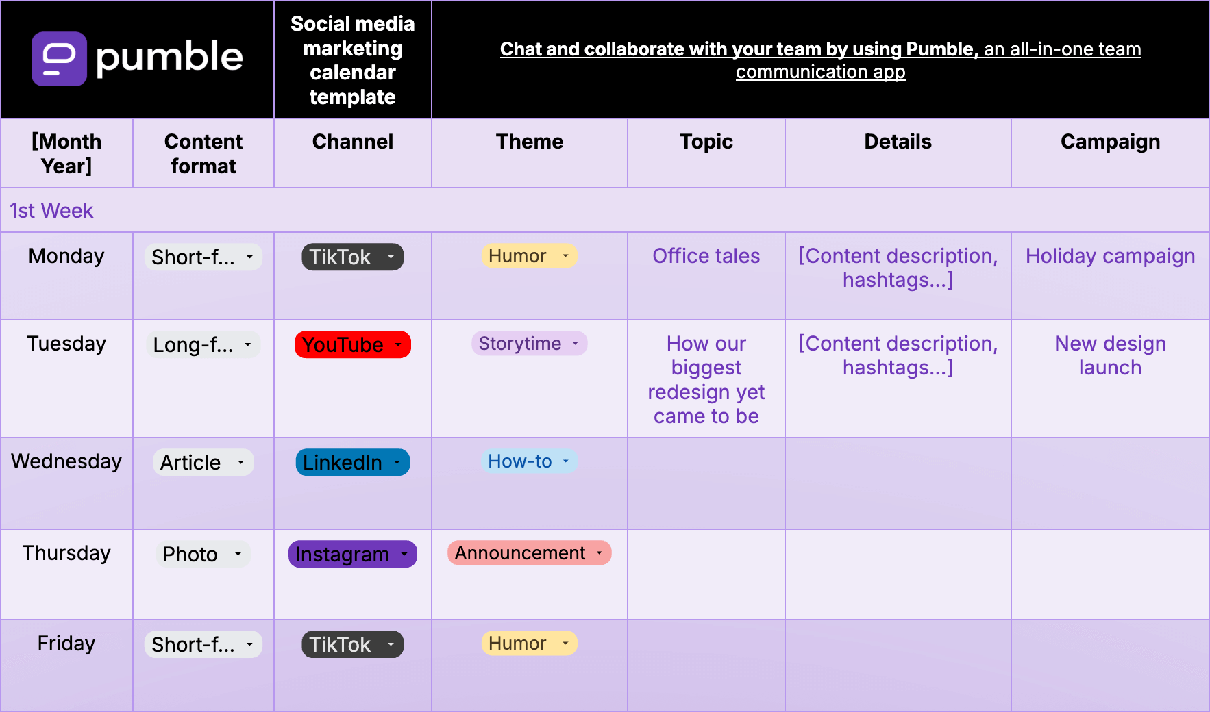 Social media marketing calendar template in Google Docs