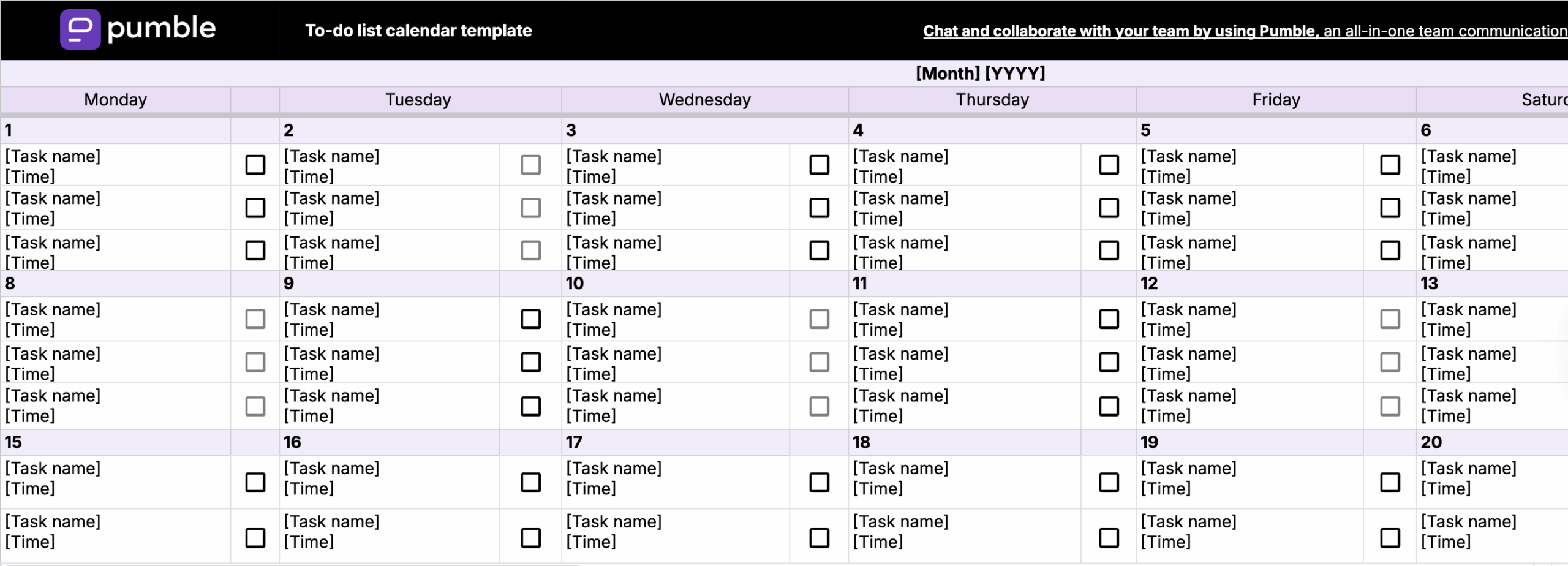 To-do list calendar template in Google Sheets