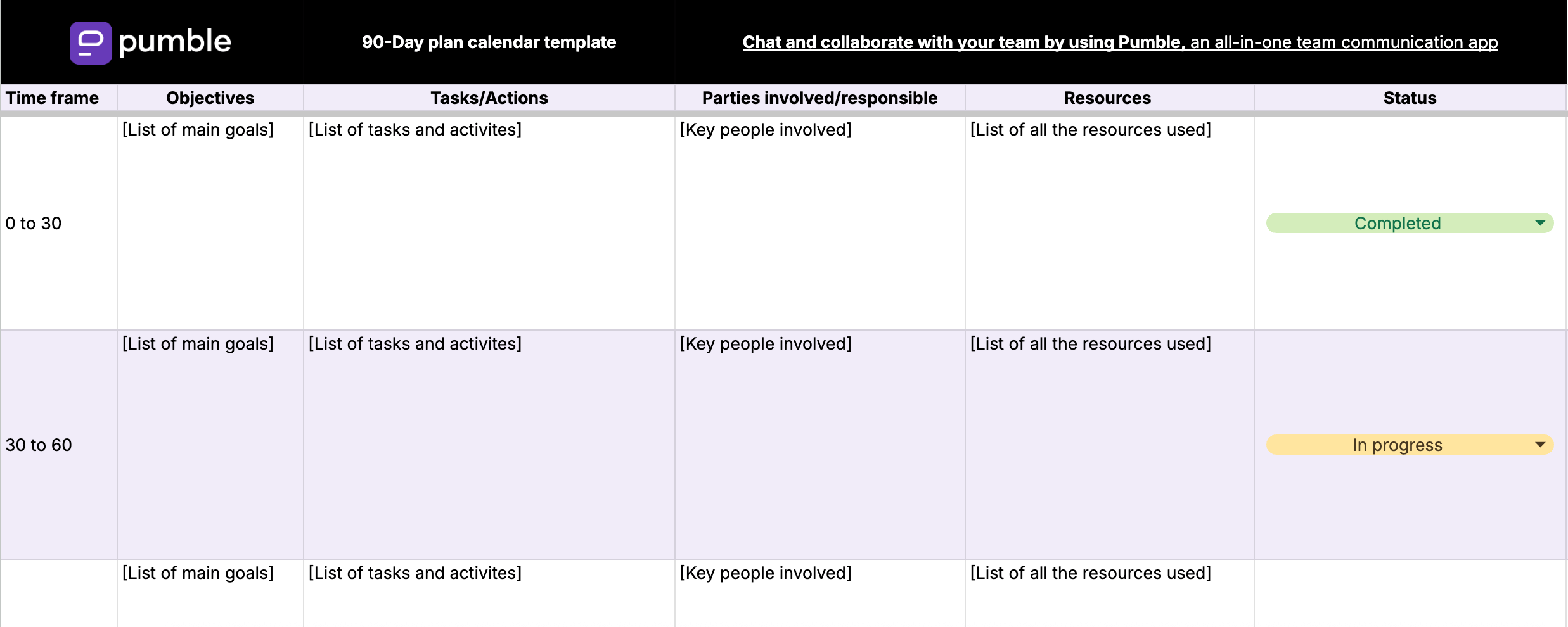90-Day plan calendar template in Google Sheets