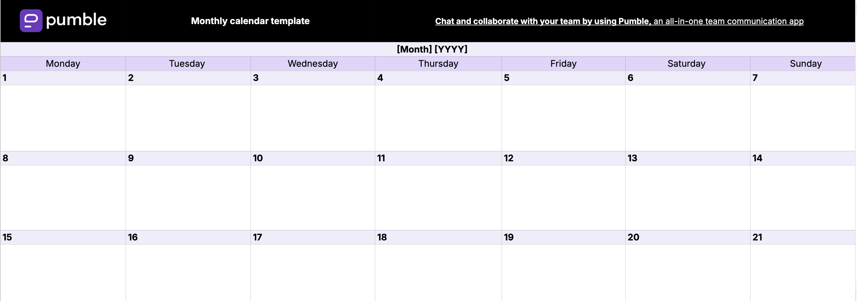 Modelo de calendário mensal