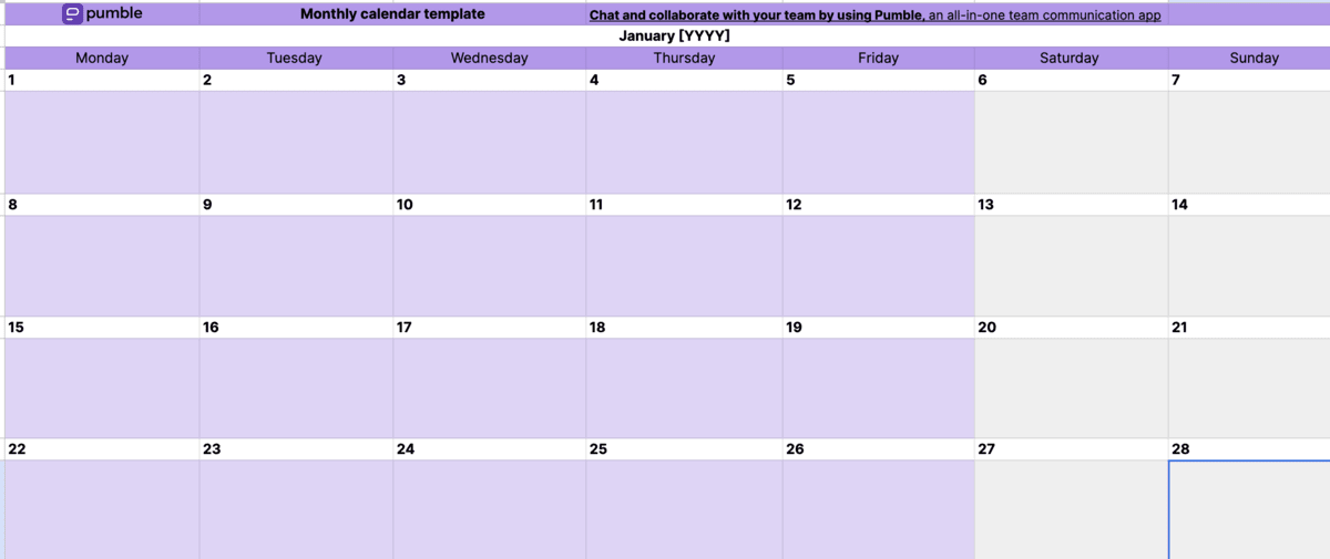 Monthly calendar template