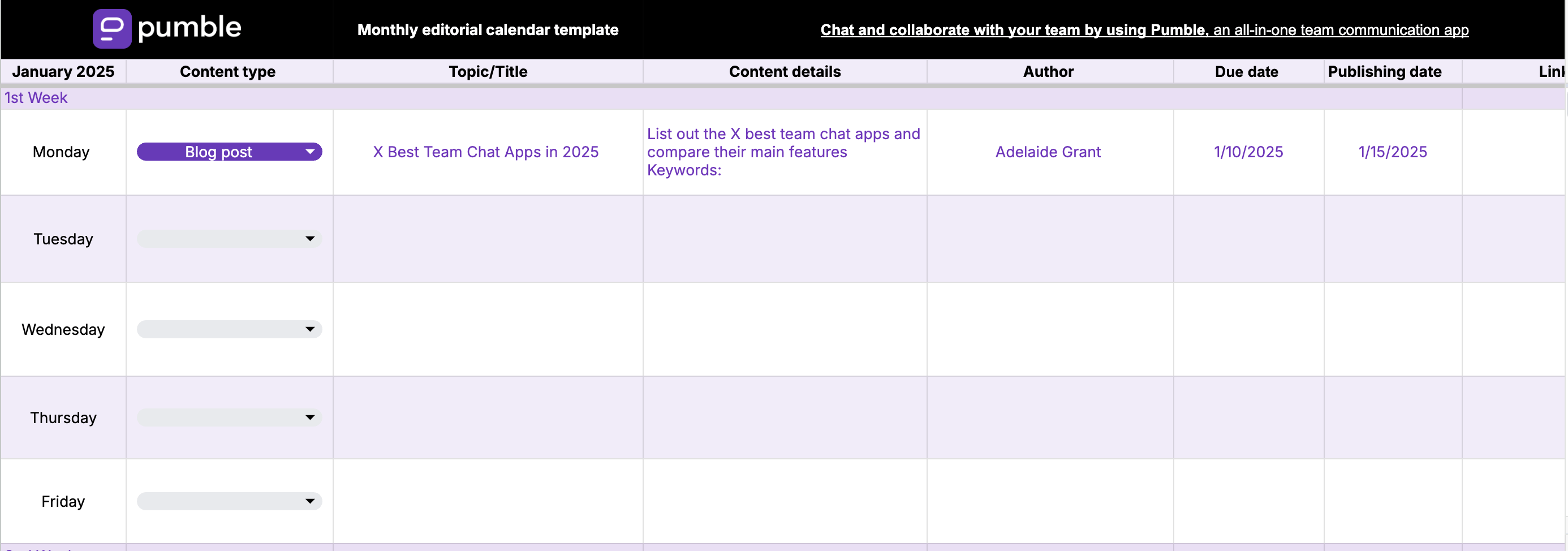 Modèle d’agenda mensuel éditorial mensuel