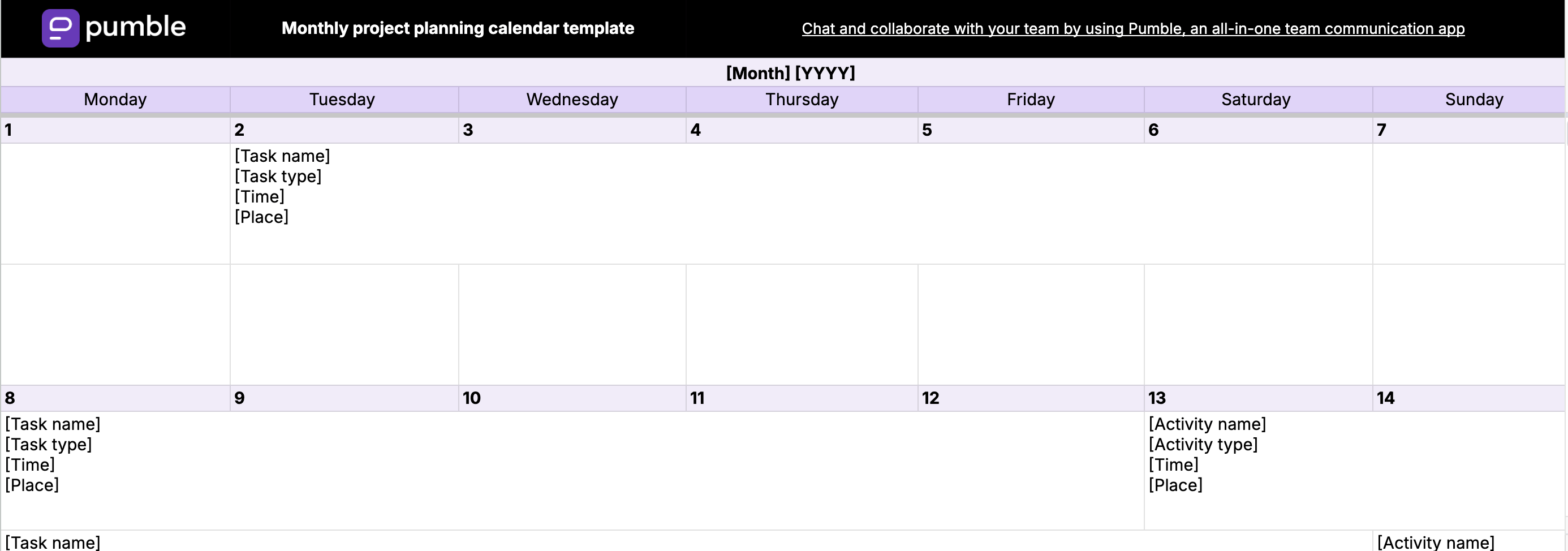 Modèle d'agenda mensuel de planification de projet