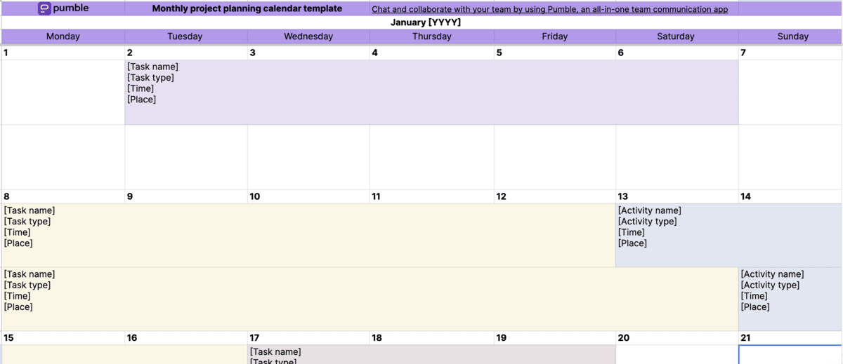 Monthly project planning calendar template