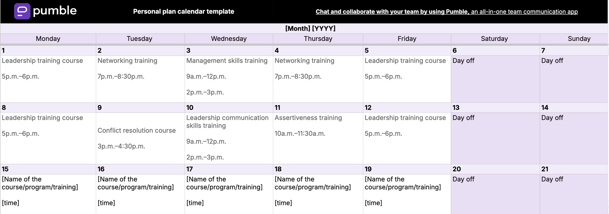 Modelo de calendário de plano pessoal