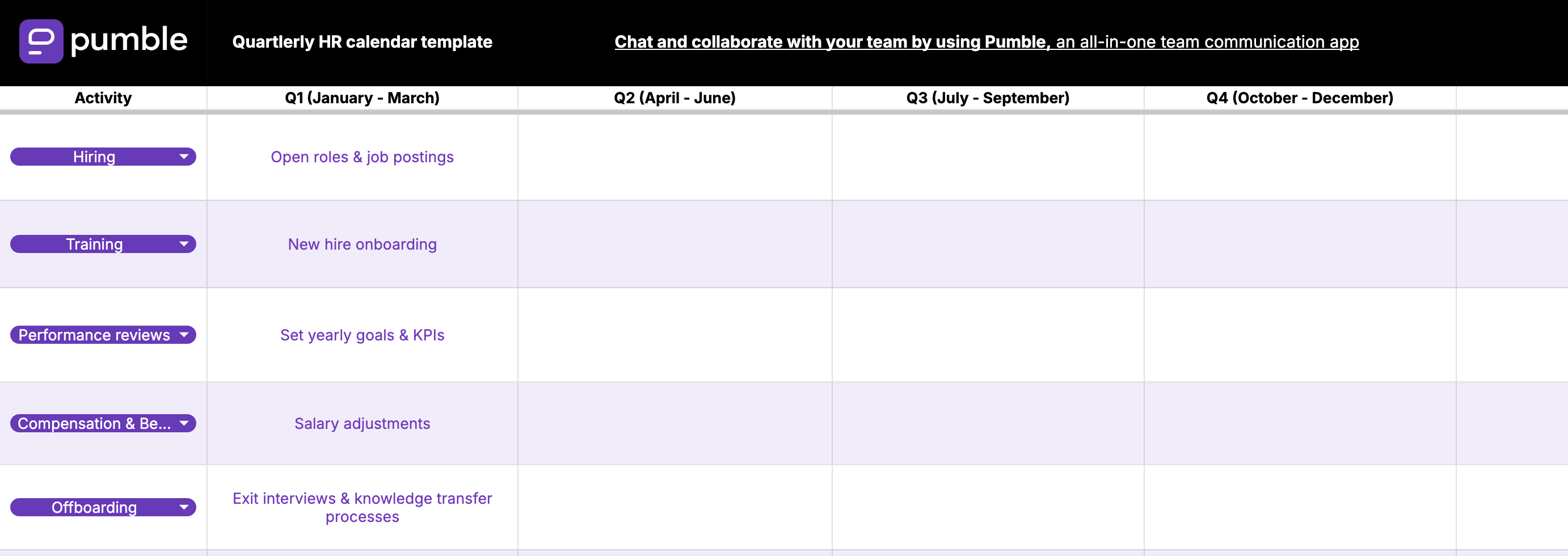 Quarterly HR calendar template