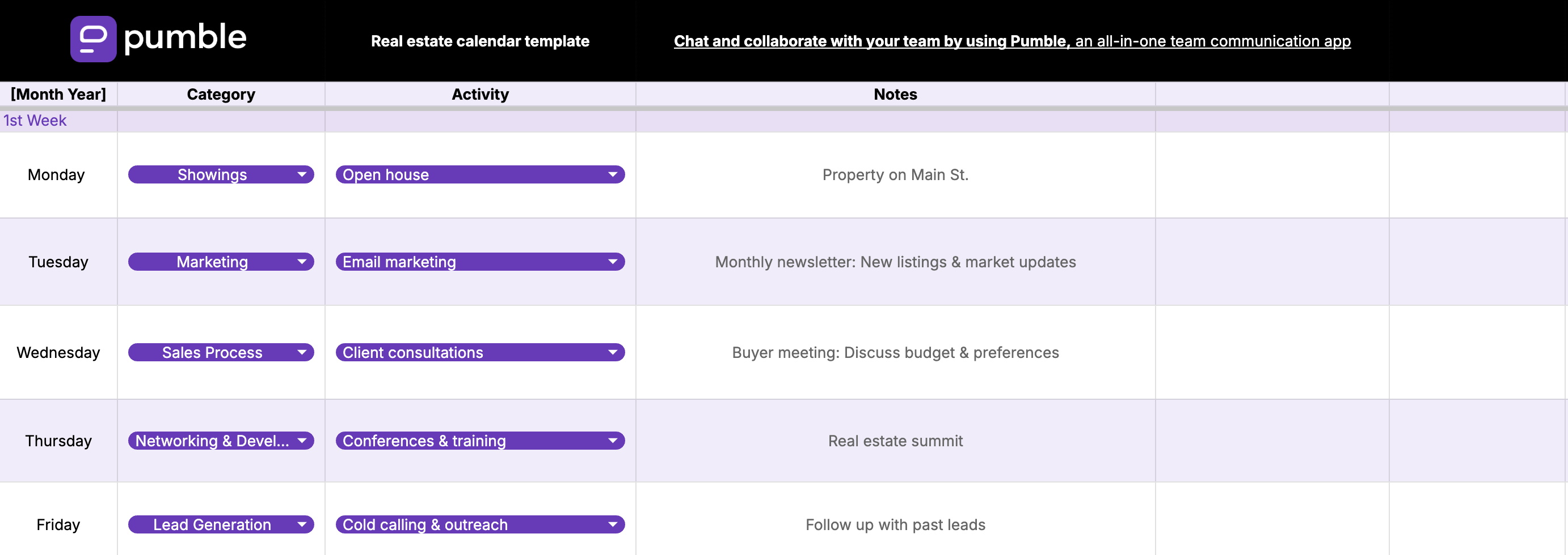 Real estate calendar template