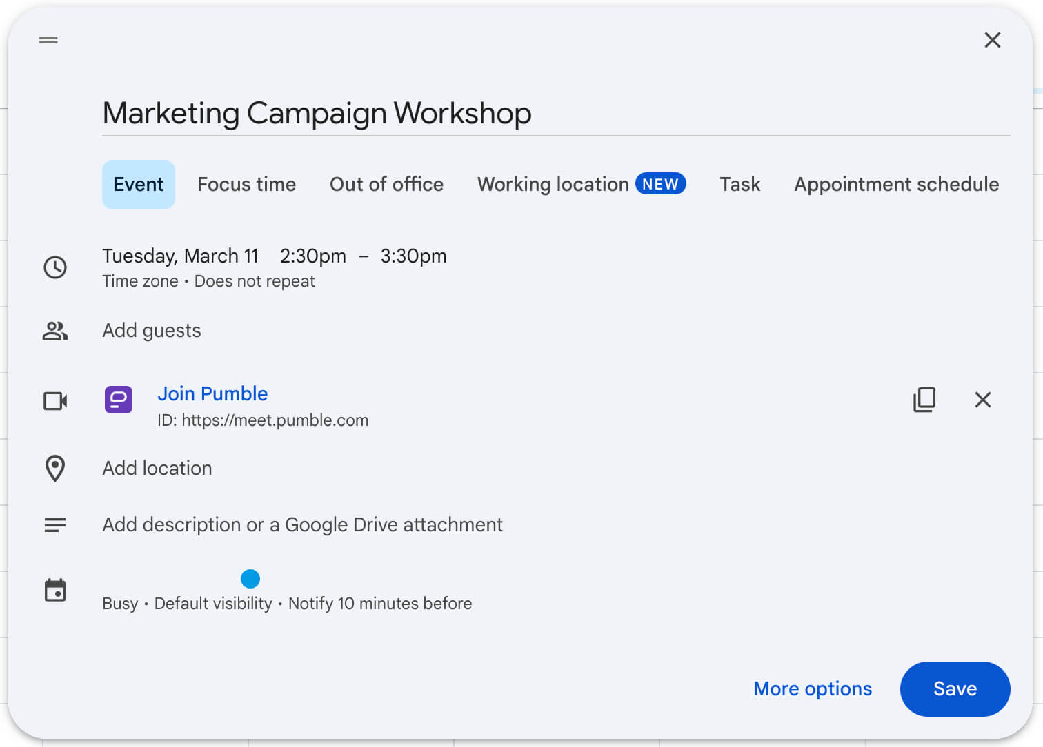 Scheduling a Pumble meeting in Google Calendar