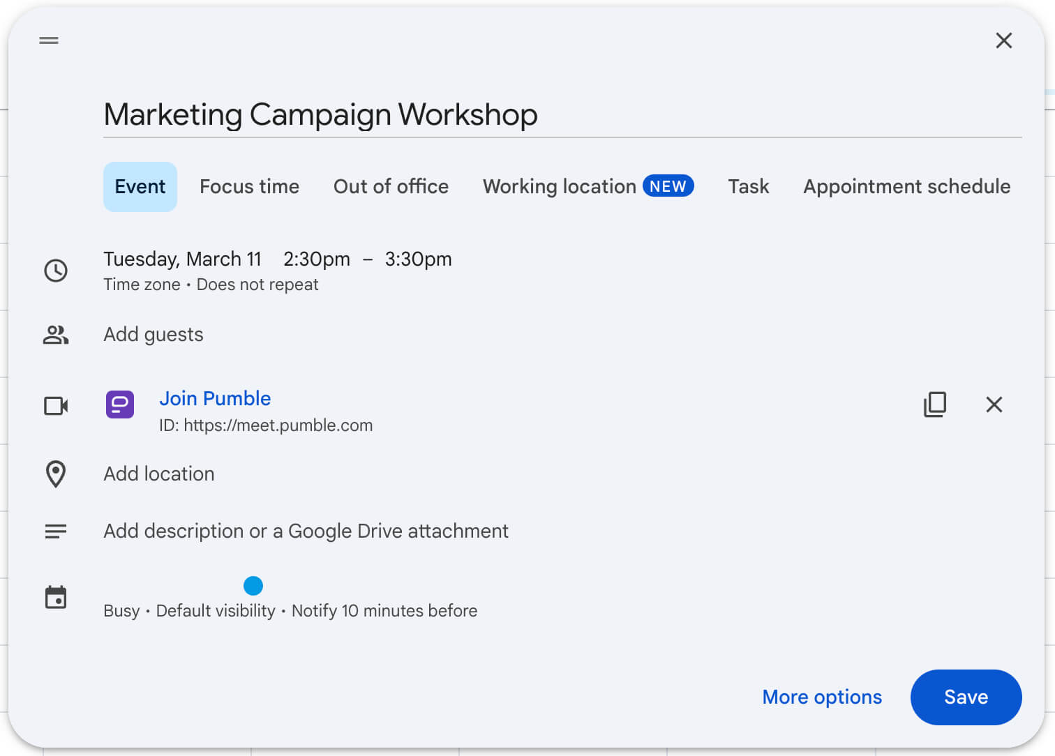 Planification d'une réunion Pumble dans Google Agenda