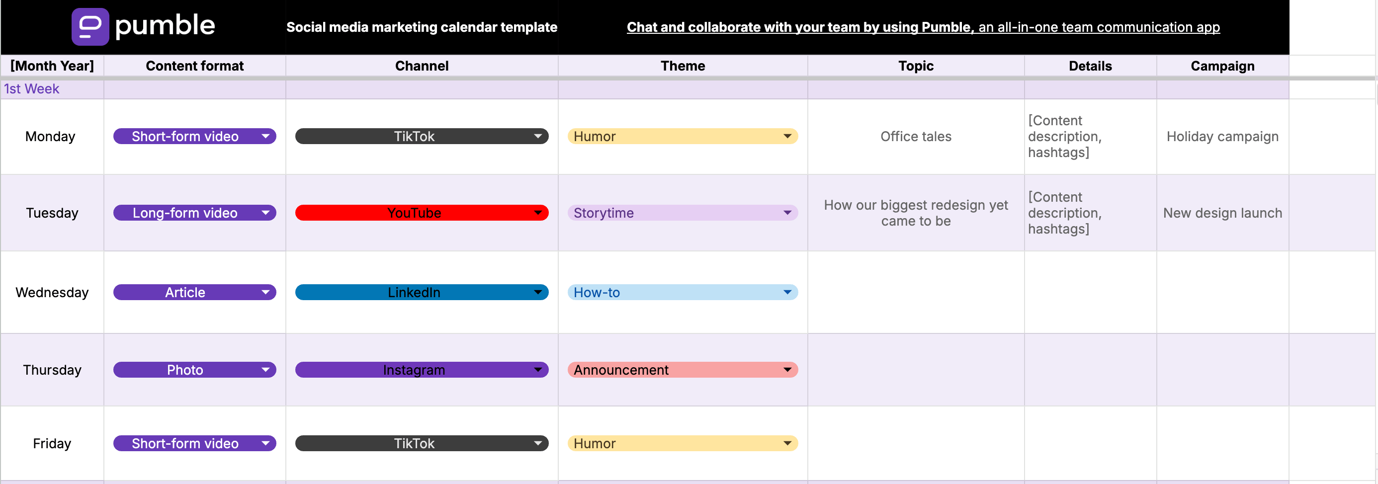 Social media marketing calendar template