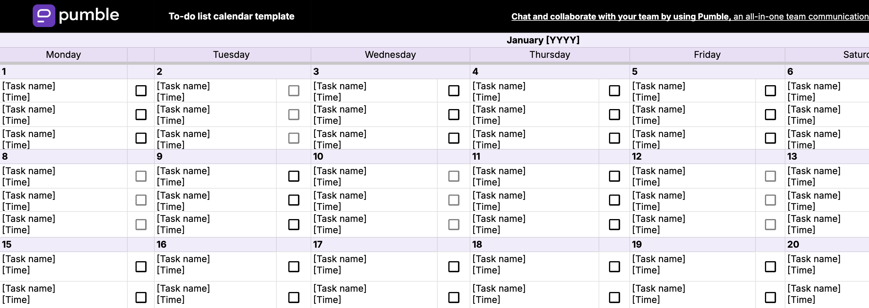 Modelo de calendário de lista de tarefas