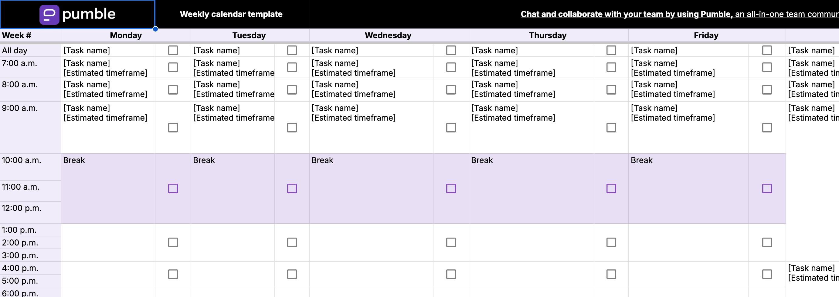 Modelo de calendário semanal