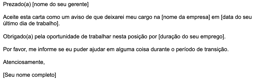 Um exemplo de modelo simples de carta de demissão