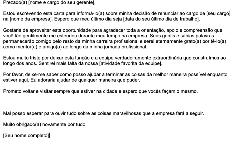 Um exemplo de modelo de carta de demissão sincera  