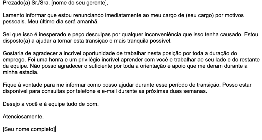 Um exemplo de modelo de carta de demissão imediata 