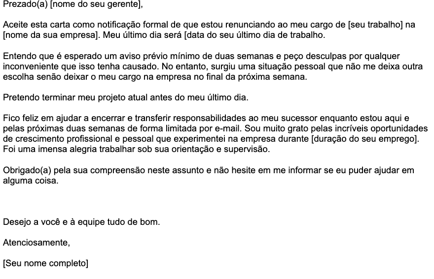 Um exemplo de modelo de carta de demissão com aviso prévio  