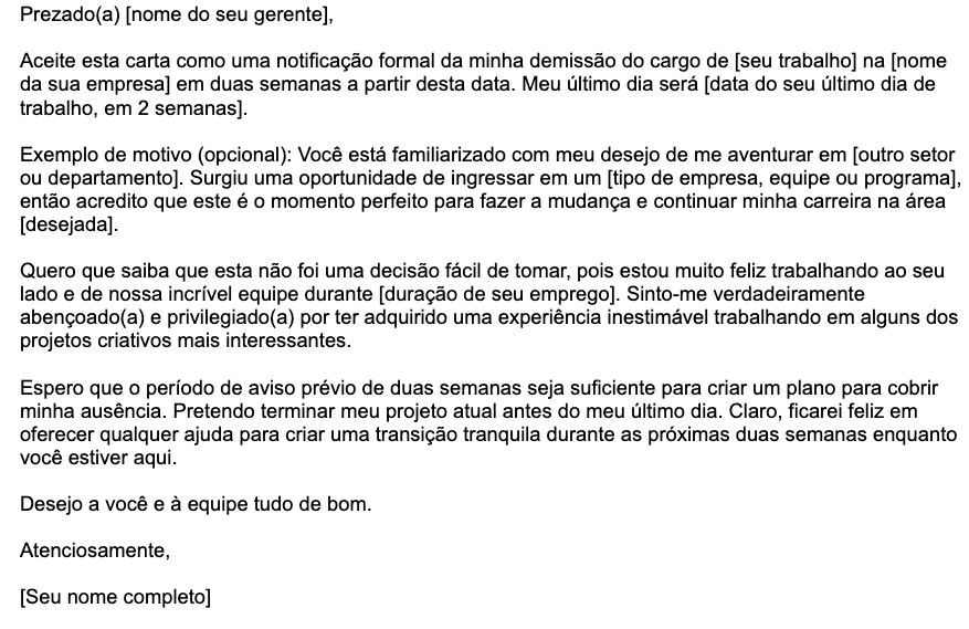 Um exemplo de modelo de carta de demissão de 2 semanas 