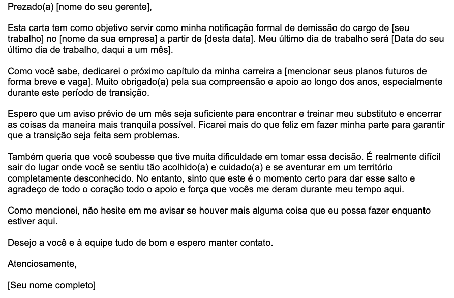 Um exemplo de modelo de carta de demissão de 1 mês