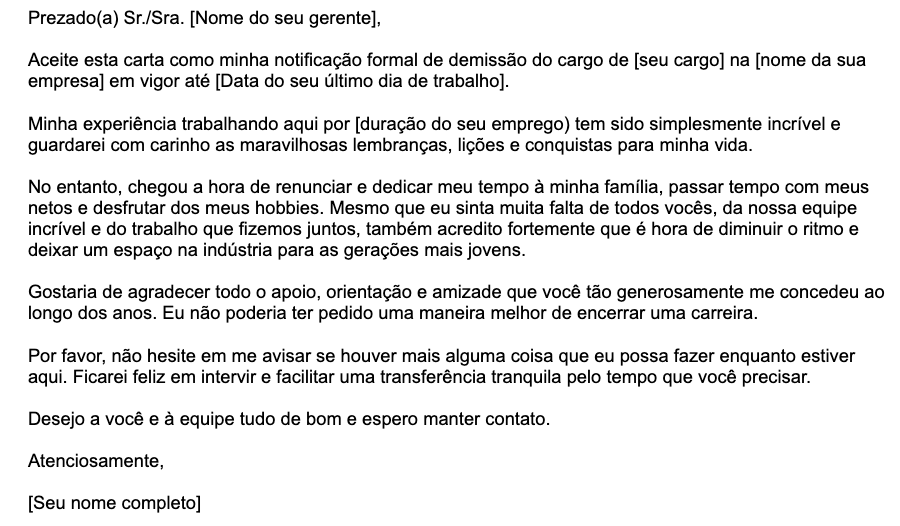 Um exemplo de modelo de carta de demissão por motivo de aposentadoria