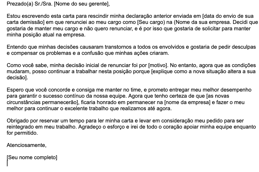 Um exemplo de modelo de carta de desistência do pedido de demissão