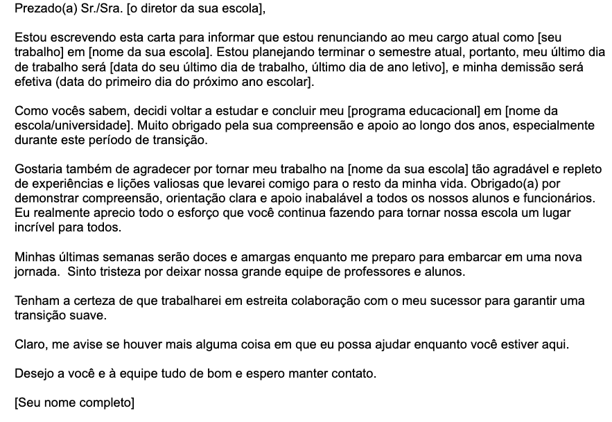 Um exemplo de modelo de carta de demissão de professor/a 