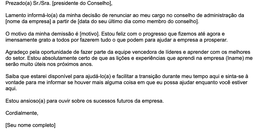 Um exemplo de modelo de carta de demissão do Conselho  