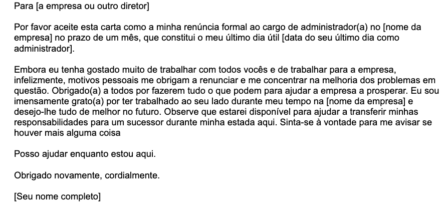 Um exemplo de modelo de carta de demissão de diretor/a