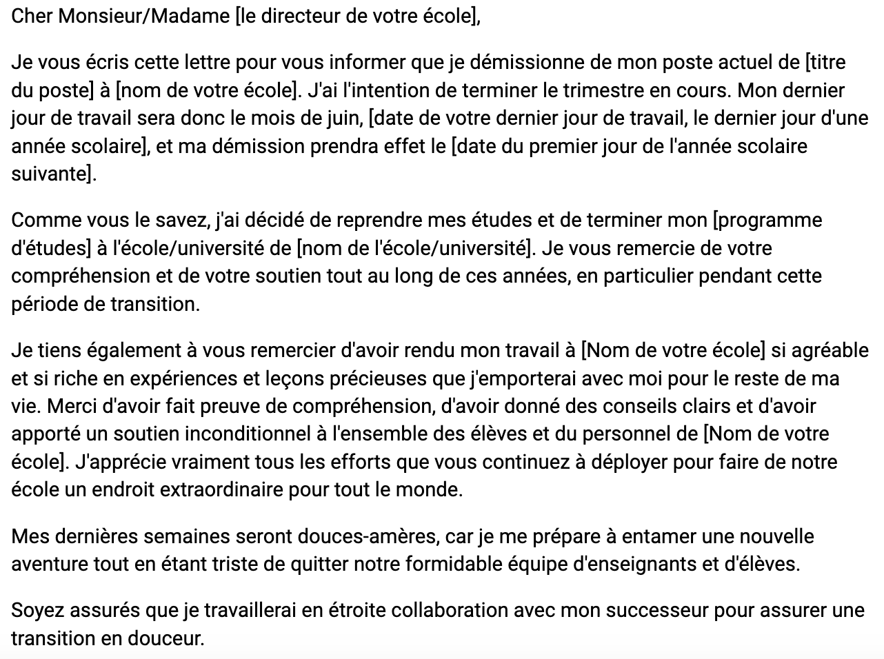 Exemple de modèle de lettre de démission d'un enseignant 