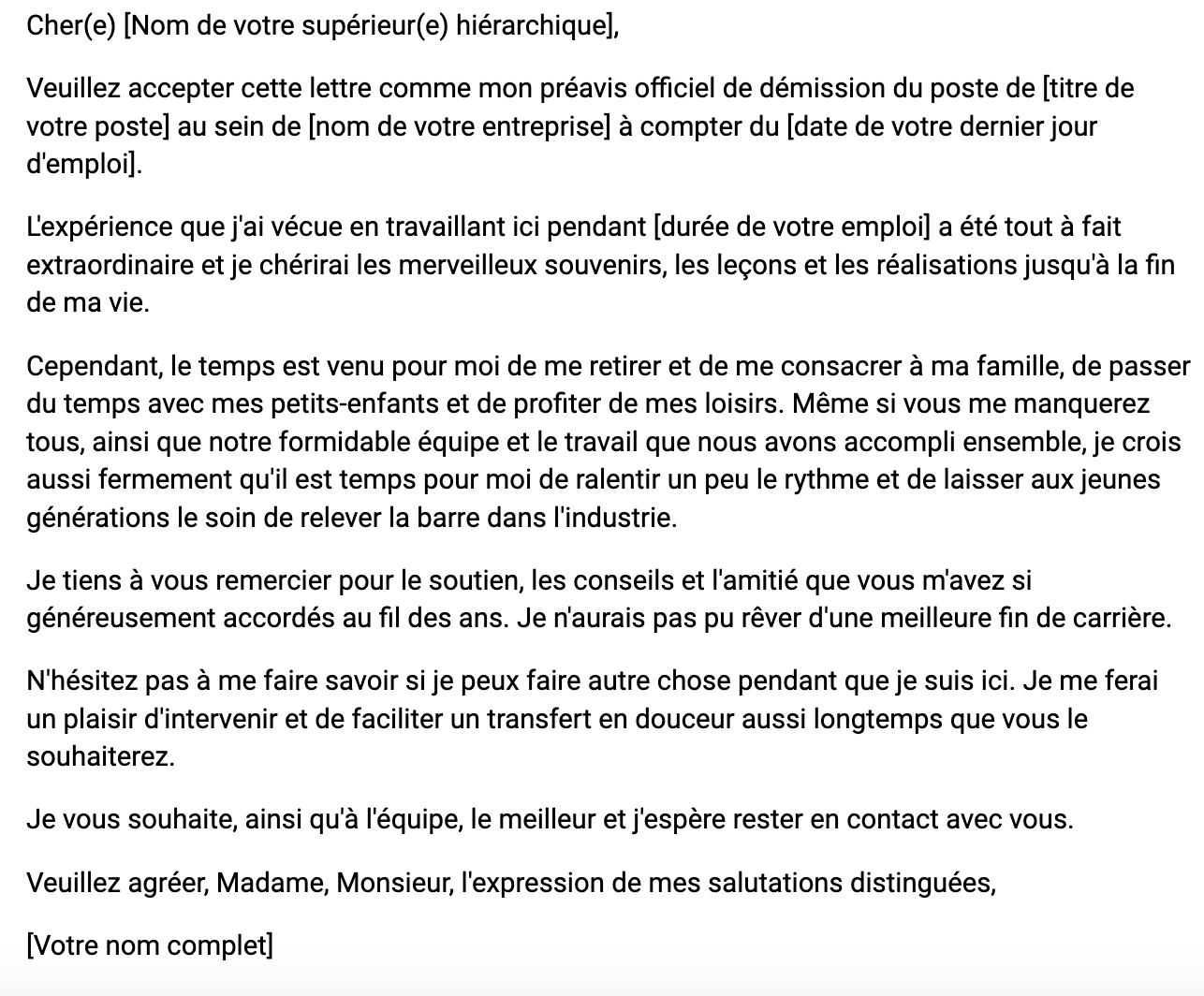 Exemple de modèle de lettre de démission pour un départ à la retraite