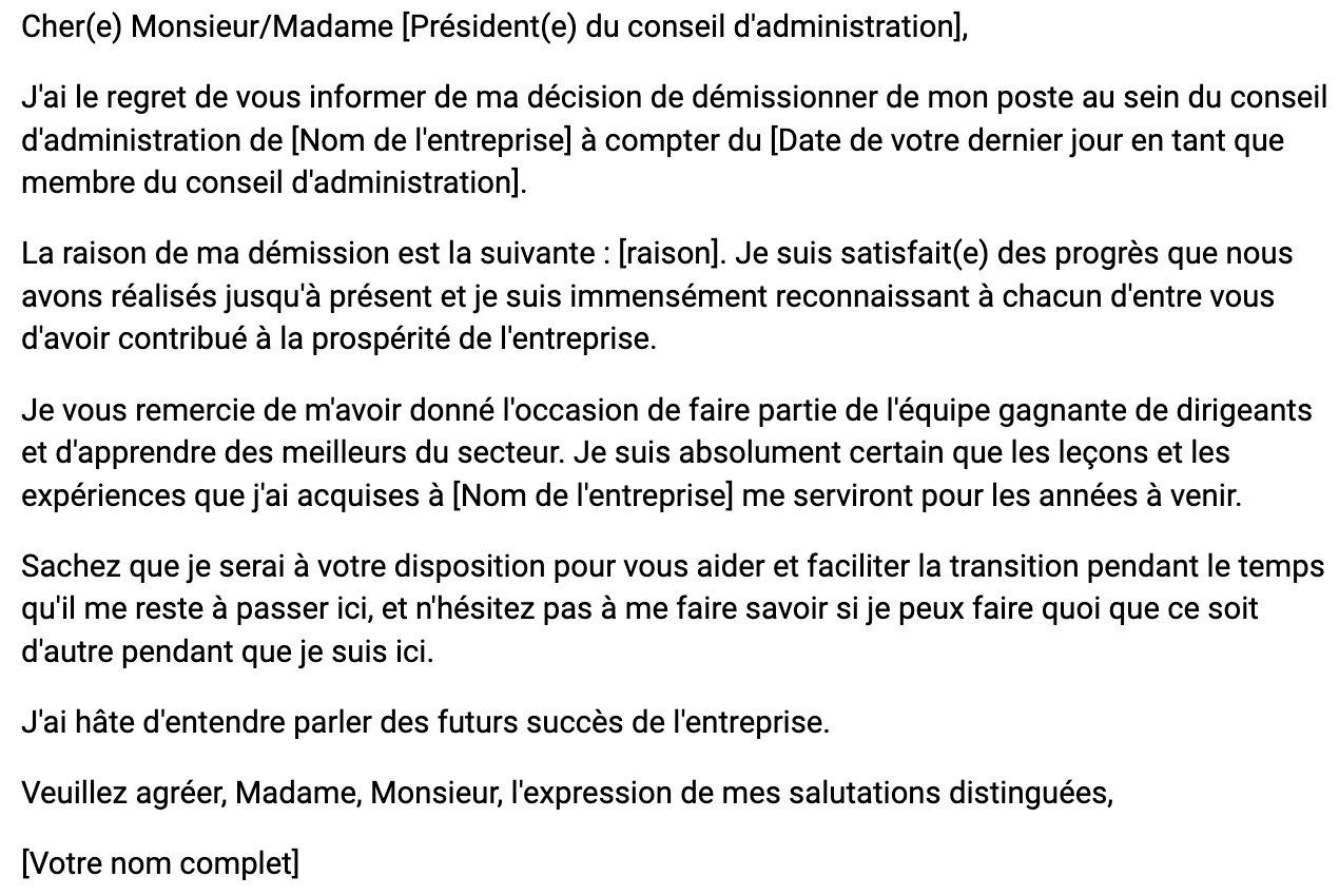 Exemple de modèle de lettre de démission d'un membre du conseil d'administration  