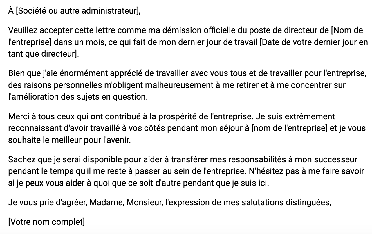 Exemple de lettre de démission de directeur