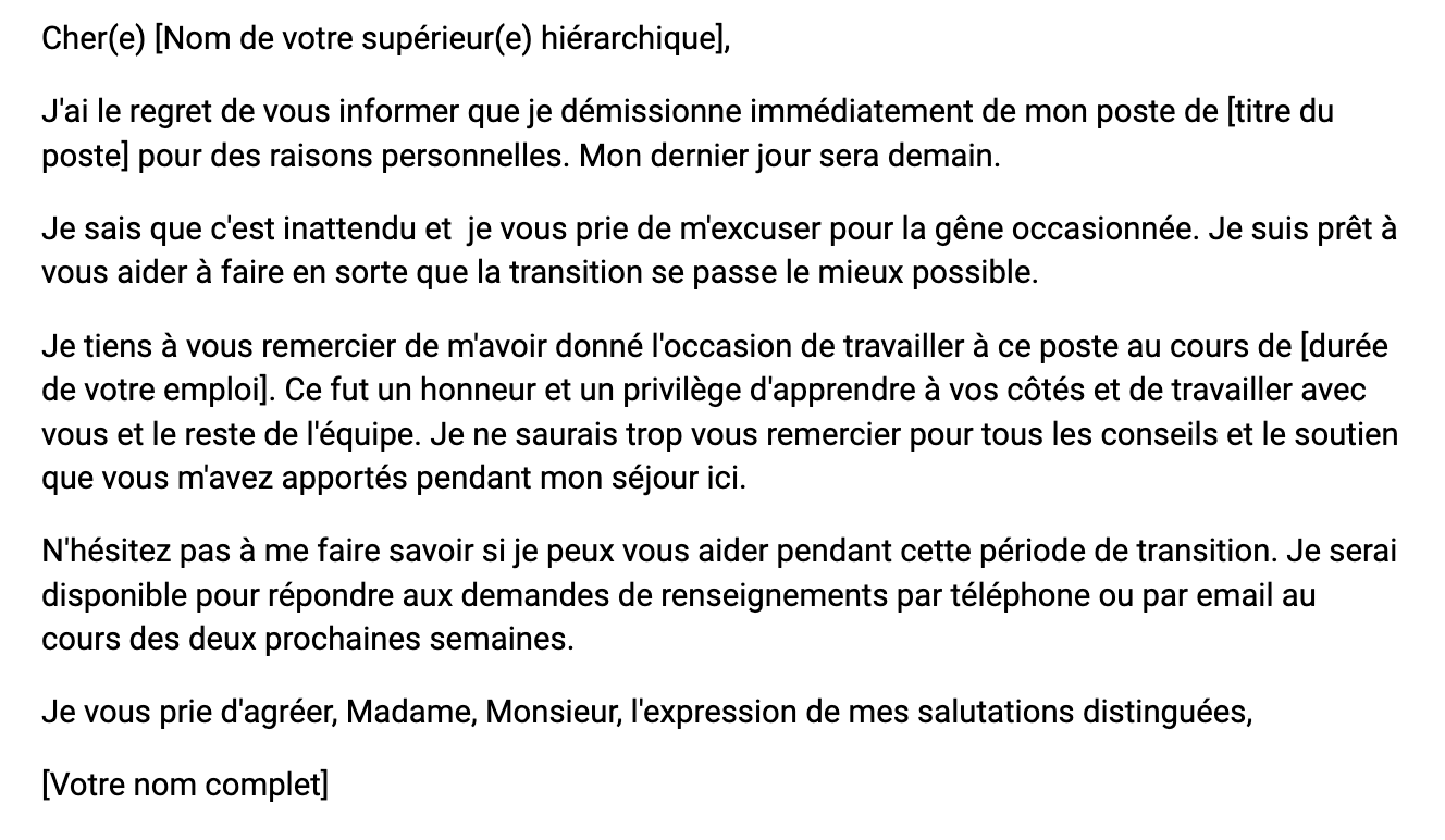 Exemple de modèle de lettre de démission immédiate 