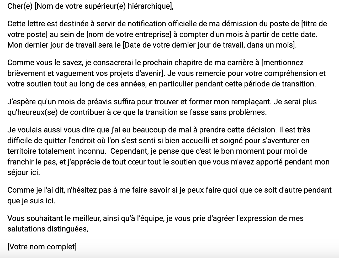 Exemple de modèle de lettre de démission avec préavis d'un mois