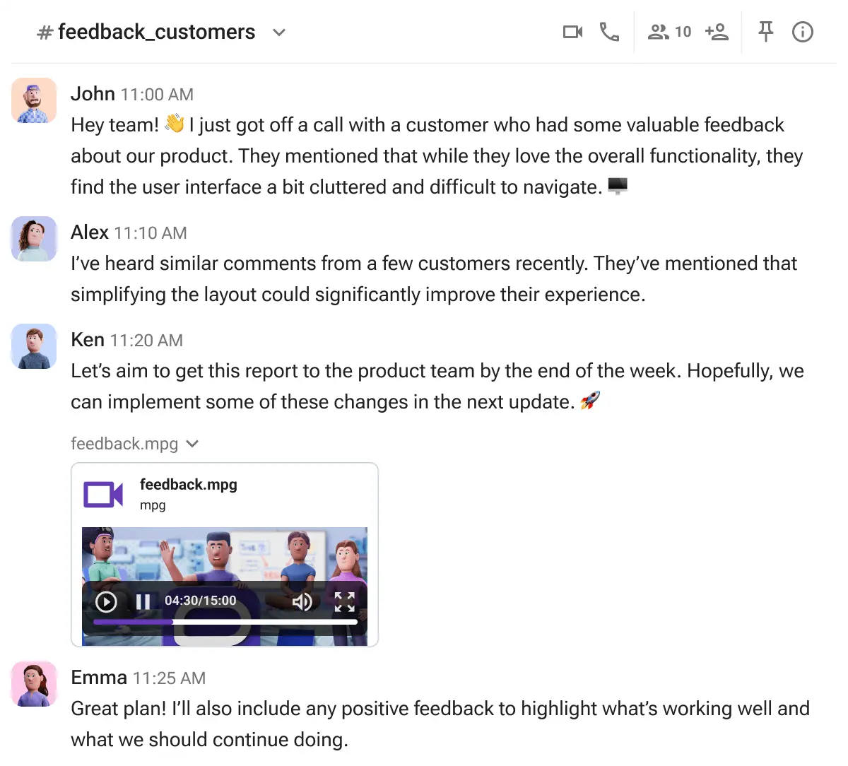 Discussing customer feedback in a Pumble channel