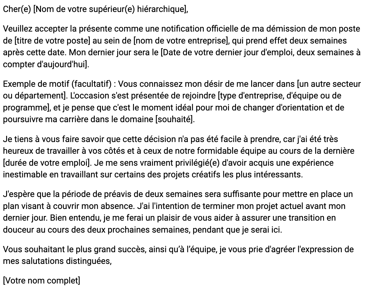 Exemple de modèle de lettre de démission de 2 semaines 