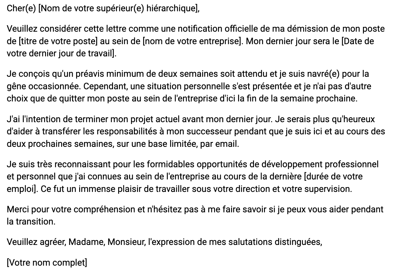 Exemple de modèle de lettre de démission avec préavis court  