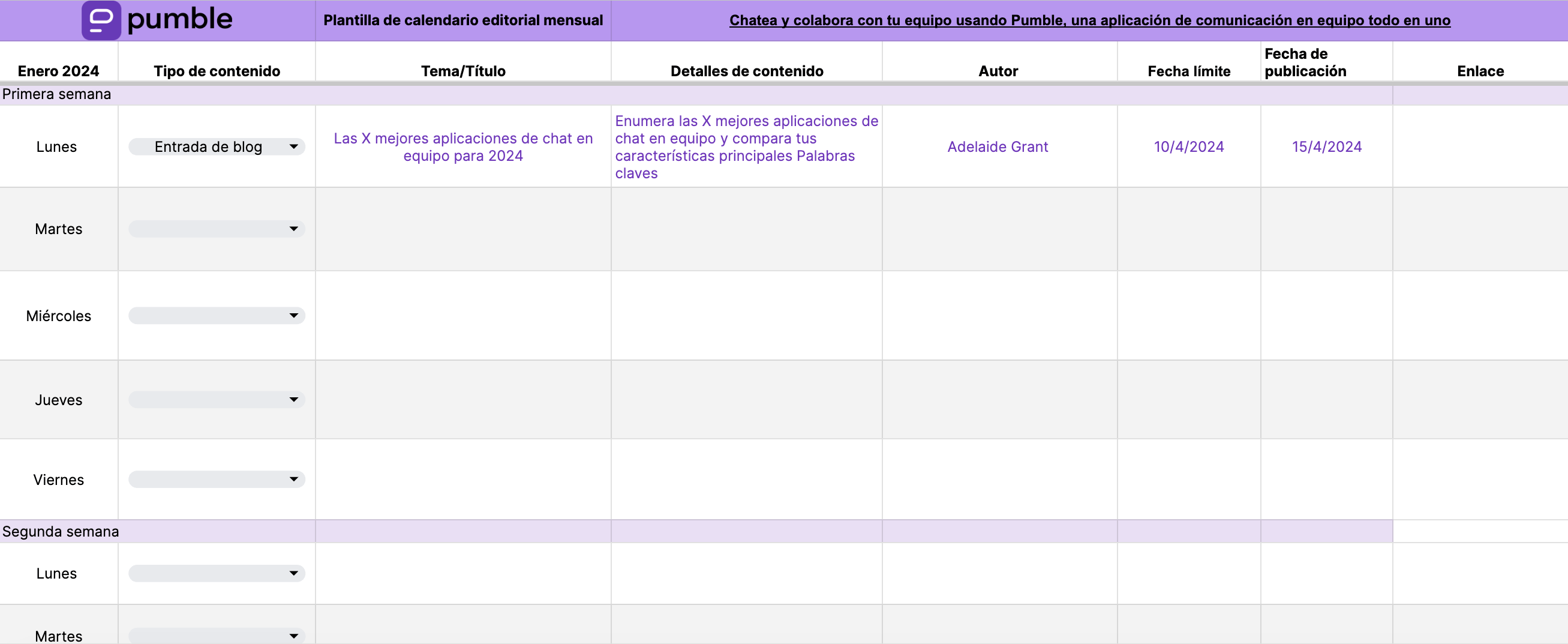 Plantilla de calendario editorial mensual